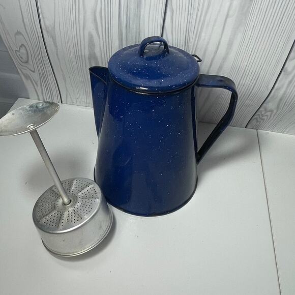 Enamelware Coffee Pot Percolator Blue Speckled Graniteware Camp Fire - Picture 1 of 8